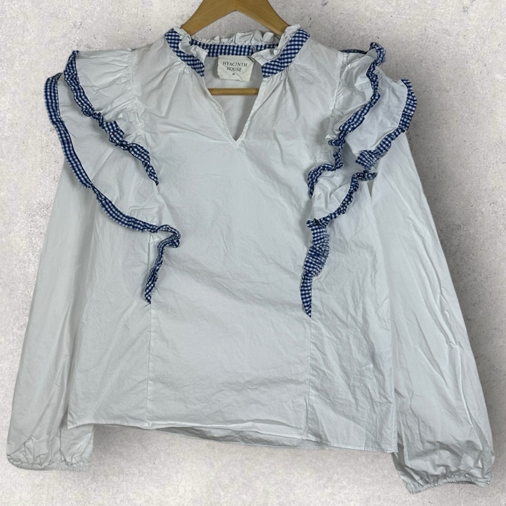 Tuckernuck Hyacinth House Blue Gingham Ruffle Holly Blouse Top Size XS White - Picture 13 of 14